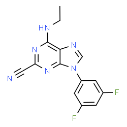 ChemSpider 2D Image | 9-(3,5-difluorophenyl)-6-(ethylamino)-2-purinecarbonitrile | C14H10F2N6