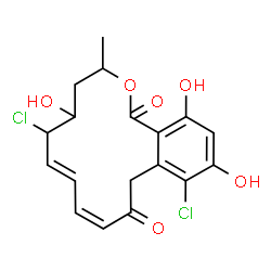 ChemSpider 2D Image | (7E,9Z)-6,13-Dichloro-5,14,16-trihydroxy-3-methyl-3,4,5,6-tetrahydro-1H-2-benzoxacyclotetradecine-1,11(12H)-dione | C18H18Cl2O6