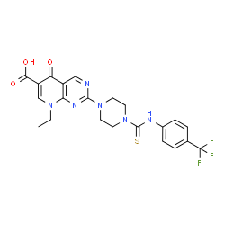 ChemSpider 2D Image | 8-Ethyl-5-oxo-2-(4-{[4-(trifluoromethyl)phenyl]carbamothioyl}-1-piperazinyl)-5,8-dihydropyrido[2,3-d]pyrimidine-6-carboxylic acid | C22H21F3N6O3S