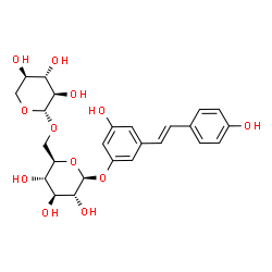 ChemSpider 2D Image | 3-Hydroxy-5-[(E)-2-(4-hydroxyphenyl)vinyl]phenyl 6-O-beta-D-xylopyranosyl-beta-D-glucopyranoside | C25H30O12