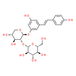 ChemSpider 2D Image | 3-Hydroxy-5-[(E)-2-(4-hydroxyphenyl)vinyl]phenyl 2-O-beta-D-glucopyranosyl-beta-D-xylopyranoside | C25H30O12