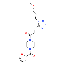 ChemSpider 2D Image | 1-[4-(2-Furoyl)-1-piperazinyl]-2-{[1-(3-methoxypropyl)-1H-tetrazol-5-yl]sulfanyl}ethanone | C16H22N6O4S