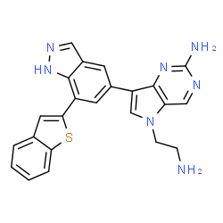 ChemSpider 2D Image | 5-(2-Aminoethyl)-7-[7-(1-benzothiophen-2-yl)-1H-indazol-5-yl]-5H-pyrrolo[3,2-d]pyrimidin-2-amine | C23H19N7S