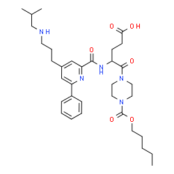 ChemSpider 2D Image | 4-[({4-[3-(Isobutylamino)propyl]-6-phenyl-2-pyridinyl}carbonyl)amino]-5-oxo-5-{4-[(pentyloxy)carbonyl]-1-piperazinyl}pentanoic acid | C34H49N5O6