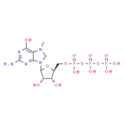 ChemSpider 2D Image | 2-Amino-9-[5-O-(hydroxy{[hydroxy(phosphonooxy)phosphoryl]oxy}phosphoryl)-L-ribofuranosyl]-7-methyl-1,7,8,9-tetrahydro-6H-purin-6-one | C11H20N5O14P3