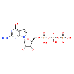 ChemSpider 2D Image | 2-Amino-7-[5-O-(hydroxy{[hydroxy(phosphonooxy)phosphoryl]oxy}phosphoryl)-L-ribofuranosyl]-1,7-dihydro-4H-pyrrolo[2,3-d]pyrimidin-4-one | C11H17N4O14P3