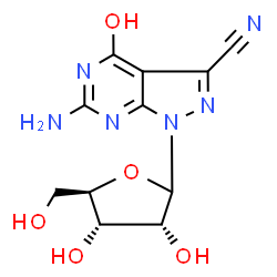 ChemSpider 2D Image | 6-Amino-4-oxo-1-(D-ribofuranosyl)-4,5-dihydro-1H-pyrazolo[3,4-d]pyrimidine-3-carbonitrile | C11H12N6O5