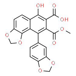 ChemSpider 2D Image | 9-(1,3-Benzodioxol-5-yl)-6-hydroxy-8-(methoxycarbonyl)naphtho[1,2-d][1,3]dioxole-7-carboxylic acid | C21H14O9