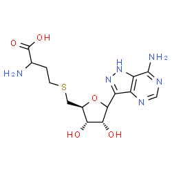 ChemSpider 2D Image | 2-Amino-4-({[(2S,3S,4R)-5-(7-amino-1H-pyrazolo[4,3-d]pyrimidin-3-yl)-3,4-dihydroxytetrahydro-2-furanyl]methyl}sulfanyl)butanoic acid | C14H20N6O5S