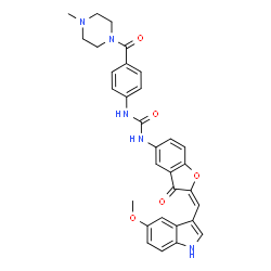 ChemSpider 2D Image | 1-{(2E)-2-[(5-Methoxy-1H-indol-3-yl)methylene]-3-oxo-2,3-dihydro-1-benzofuran-5-yl}-3-{4-[(4-methyl-1-piperazinyl)carbonyl]phenyl}urea | C31H29N5O5