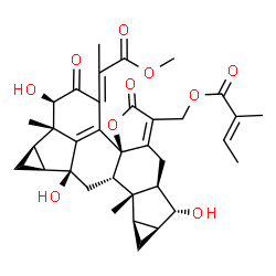 ChemSpider 2D Image | [(1aR,1bS,2R,4bR,8aR,9R,9aS,10aR,10bS,10cS,11aS,11bS)-2,9,11a-Trihydroxy-4-(1-methoxy-1-oxo-2-propanylidene)-1b,10b-dimethyl-3,6-dioxo-1,1a,1b,2,3,4,6,8,8a,9,9a,10,10a,10b,10c,11,11a,11b-octadecahydro
cyclopropa[4,5]cyclopropa[4',5']cyclopenta[1',2':7,8]acephenanthryleno[10a,10-b]furan-7-yl]methyl (2E)-2-methyl-2-butenoate | C35H40O10