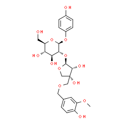 ChemSpider 2D Image | 4-Hydroxyphenyl 2-O-[(2S,3R,4R)-3,4-dihydroxy-4-{[(4-hydroxy-3-methoxybenzyl)oxy]methyl}tetrahydro-2-furanyl]-beta-D-glucopyranoside | C25H32O13