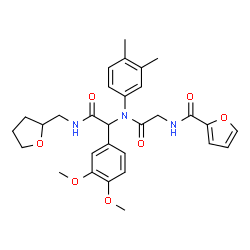 ChemSpider 2D Image | N-{2-[{1-(3,4-Dimethoxyphenyl)-2-oxo-2-[(tetrahydro-2-furanylmethyl)amino]ethyl}(3,4-dimethylphenyl)amino]-2-oxoethyl}-2-furamide | C30H35N3O7