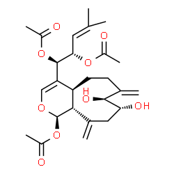 ChemSpider 2D Image | (4S,5R)-5-[(1R,4aS,8S,9R,11aR)-1-Acetoxy-8,9-dihydroxy-7,11-bis(methylene)-1,4a,5,6,7,8,9,10,11,11a-decahydrocyclonona[c]pyran-4-yl]-2-methyl-2-pentene-4,5-diyl diacetate | C26H36O9