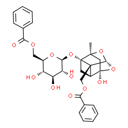 ChemSpider 2D Image | {(1R,2S,3S,5S,6R,8S)-3-[(6-O-Benzoyl-beta-D-glucopyranosyl)oxy]-6-hydroxy-8-methyl-9,10-dioxatetracyclo[4.3.1.0~2,5~.0~3,8~]dec-2-yl}methyl benzoate | C30H32O12