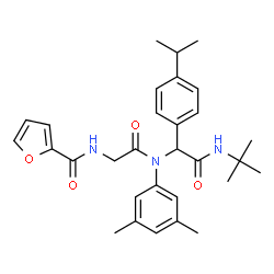 ChemSpider 2D Image | N-{2-[(3,5-Dimethylphenyl){1-(4-isopropylphenyl)-2-[(2-methyl-2-propanyl)amino]-2-oxoethyl}amino]-2-oxoethyl}-2-furamide | C30H37N3O4
