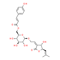 ChemSpider 2D Image | (2Z)-2-[(4S,5R)-4-Hydroxy-5-(2-methyl-1-propen-1-yl)-2-oxodihydro-3(2H)-furanylidene]ethyl 6-O-[(2E)-3-(4-hydroxyphenyl)-2-propenoyl]-beta-D-glucopyranoside | C25H30O11