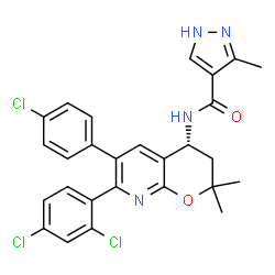 ChemSpider 2D Image | N-[(4R)-6-(4-Chlorophenyl)-7-(2,4-dichlorophenyl)-2,2-dimethyl-3,4-dihydro-2H-pyrano[2,3-b]pyridin-4-yl]-3-methyl-1H-pyrazole-4-carboxamide | C27H23Cl3N4O2