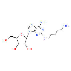 ChemSpider 2D Image | N~2~-(5-Aminopentyl)-9-(D-ribofuranosyl)-9H-purine-2,6-diamine | C15H25N7O4