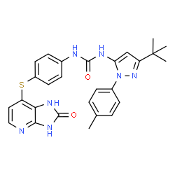 ChemSpider 2D Image | 1-[1-(4-Methylphenyl)-3-(2-methyl-2-propanyl)-1H-pyrazol-5-yl]-3-{4-[(2-oxo-2,3-dihydro-1H-imidazo[4,5-b]pyridin-7-yl)sulfanyl]phenyl}urea | C27H27N7O2S