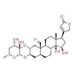 ChemSpider 2D Image | (1R,3R,3aS,3bR,5aS,6aR,7aS,9R,11S,11aS,12aR,13aR,13bS,15aR)-3,3a,11,11a-Tetrahydroxy-9,15a-dimethyl-1-(5-oxo-2,5-dihydro-3-furanyl)icosahydro-7aH,13aH-cyclopenta[7,8]phenanthro[2,3-b]pyrano[3,2-e][1,4
]dioxine-13a-carbaldehyde | C29H40O10