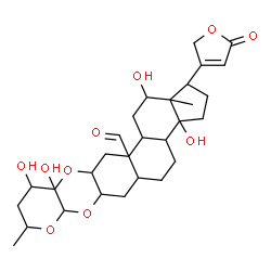 ChemSpider 2D Image | 3a,11,11a,15-Tetrahydroxy-9,15a-dimethyl-1-(5-oxo-2,5-dihydro-3-furanyl)icosahydro-7aH,13aH-cyclopenta[7,8]phenanthro[2,3-b]pyrano[3,2-e][1,4]dioxine-13a-carbaldehyde | C29H40O10