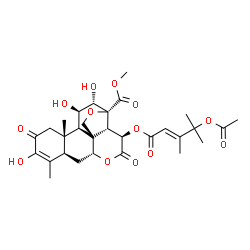 ChemSpider 2D Image | Methyl (11beta,12alpha,15beta)-15-{[(2E)-4-acetoxy-3,4-dimethyl-2-pentenoyl]oxy}-3,11,12-trihydroxy-2,16-dioxo-13,20-epoxypicras-3-en-21-oate | C30H38O13