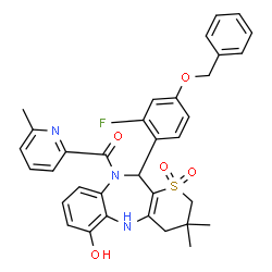 ChemSpider 2D Image | {11-[4-(Benzyloxy)-2-fluorophenyl]-6-hydroxy-3,3-dimethyl-1,1-dioxido-3,4,5,11-tetrahydrothiopyrano[3,2-b][1,5]benzodiazepin-10(2H)-yl}(6-methyl-2-pyridinyl)methanone | C34H32FN3O5S