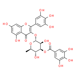 ChemSpider 2D Image | 5,7-Dihydroxy-4-oxo-2-(3,4,5-trihydroxyphenyl)-4H-chromen-3-yl 6-deoxy-3-O-(3,4,5-trihydroxybenzoyl)-alpha-D-mannopyranoside | C28H24O16