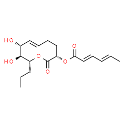 ChemSpider 2D Image | (3S,6E,8R,9S,10R)-8,9-Dihydroxy-2-oxo-10-propyl-3,4,5,8,9,10-hexahydro-2H-oxecin-3-yl (2E,4E)-2,4-hexadienoate | C18H26O6