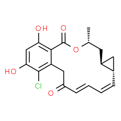 ChemSpider 2D Image | (1aS,2Z,4E,14R,15aR)-8-Chloro-9,11-dihydroxy-14-methyl-1a,14,15,15a-tetrahydrocyclopropa[e][2]benzoxacyclotetradecine-6,12(1H,7H)-dione | C19H19ClO5