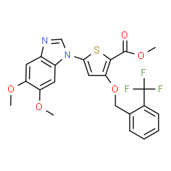 ChemSpider 2D Image | Methyl 5-(5,6-dimethoxy-1H-benzimidazol-1-yl)-3-{[2-(trifluoromethyl)benzyl]oxy}-2-thiophenecarboxylate | C23H19F3N2O5S