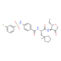 ChemSpider 2D Image | 1,4-Anhydro-3,5,6-trideoxy-3-{[(2S)-2-[(4-{[(3-fluorophenyl)sulfonyl]amino}benzoyl)amino]-3-(1-methylcyclopentyl)propanoyl]amino}-L-erythro-hex-2-ulose | C28H34FN3O6S