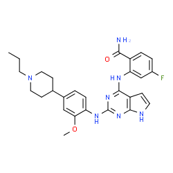 ChemSpider 2D Image | 4-Fluoro-2-[(2-{[2-methoxy-4-(1-propyl-4-piperidinyl)phenyl]amino}-1H-pyrrolo[2,3-d]pyrimidin-4-yl)amino]benzamide | C28H32FN7O2