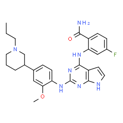 ChemSpider 2D Image | 4-Fluoro-2-[(2-{[2-methoxy-4-(1-propyl-3-piperidinyl)phenyl]amino}-1H-pyrrolo[2,3-d]pyrimidin-4-yl)amino]benzamide | C28H32FN7O2