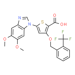 ChemSpider 2D Image | 5-(5,6-Dimethoxy-1H-benzimidazol-1-yl)-3-{[2-(trifluoromethyl)benzyl]oxy}-2-thiophenecarboxylic acid | C22H17F3N2O5S