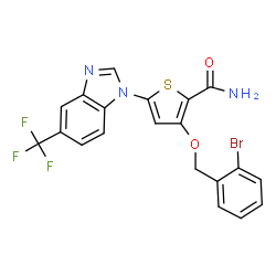 ChemSpider 2D Image | 3-[(2-Bromobenzyl)oxy]-5-[5-(trifluoromethyl)-1H-benzimidazol-1-yl]-2-thiophenecarboxamide | C20H13BrF3N3O2S