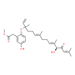ChemSpider 2D Image | Methyl (5-hydroxy-2-{[(6E,10E,12S)-12-hydroxy-3,7,11,15-tetramethyl-13-oxo-1,6,10,14-hexadecatetraen-3-yl]oxy}phenyl)acetate | C29H40O6