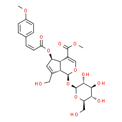 ChemSpider 2D Image | Methyl (1S,4aS,5R,7aS)-1-(beta-D-glucopyranosyloxy)-7-(hydroxymethyl)-5-{[(2Z)-3-(4-methoxyphenyl)-2-propenoyl]oxy}-1,4a,5,7a-tetrahydrocyclopenta[c]pyran-4-carboxylate | C27H32O13