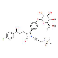ChemSpider 2D Image | 4-[(2S,3R)-3-[(3S)-3-(4-Fluorophenyl)-3-hydroxypropyl]-1-{3-[(methylsulfonyl)amino]-1-propyn-1-yl}-4-oxo-2-azetidinyl]phenyl beta-D-glucopyranosiduronic acid | C28H31FN2O11S