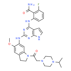 ChemSpider 2D Image | 2-Fluoro-6-{[2-({1-[(4-isopropyl-1-piperazinyl)acetyl]-5-methoxy-2,3-dihydro-1H-indol-6-yl}amino)-7H-pyrrolo[2,3-d]pyrimidin-4-yl]amino}benzamide | C31H36FN9O3