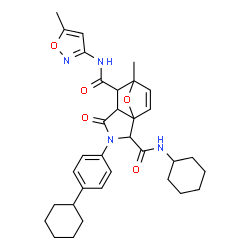 ChemSpider 2D Image | N~2~-Cyclohexyl-3-(4-cyclohexylphenyl)-7-methyl-N~6~-(5-methyl-1,2-oxazol-3-yl)-4-oxo-10-oxa-3-azatricyclo[5.2.1.0~1,5~]dec-8-ene-2,6-dicarboxamide | C33H40N4O5