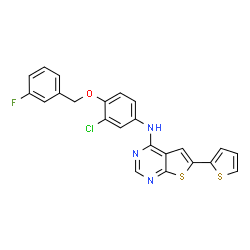 ChemSpider 2D Image | N-{3-Chloro-4-[(3-fluorobenzyl)oxy]phenyl}-6-(2-thienyl)thieno[2,3-d]pyrimidin-4-amine | C23H15ClFN3OS2