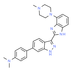 ChemSpider 2D Image | N,N-Dimethyl-4-{3-[4-(4-methyl-1-piperazinyl)-1H-benzimidazol-2-yl]-1H-indazol-6-yl}aniline | C27H29N7