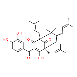 ChemSpider 2D Image | (1S,5S,7R)-3-(3,4-Dihydroxybenzoyl)-4-hydroxy-8,8-dimethyl-1,5,7-tris(3-methyl-2-buten-1-yl)bicyclo[3.3.1]non-3-ene-2,9-dione | C33H42O6