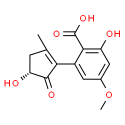 ChemSpider 2D Image | 2-Hydroxy-6-[(4R)-4-hydroxy-2-methyl-5-oxo-1-cyclopenten-1-yl]-4-methoxybenzoic acid | C14H14O6