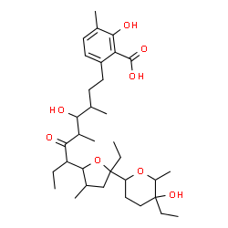 ChemSpider 2D Image | 6-[(3R,4S,5S,7R)-7-{(2S,3S,5S)-5-Ethyl-5-[(2R,5R,6R)-5-ethyl-5-hydroxy-6-methyltetrahydro-2H-pyran-2-yl]-3-methyltetrahydro-2-furanyl}-4-hydroxy-3,5-dimethyl-6-oxononyl]-2-hydroxy-3-methylbenzoic acid | C34H54O8