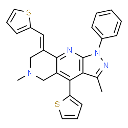 ChemSpider 2D Image | (8E)-3,6-Dimethyl-1-phenyl-4-(2-thienyl)-8-(2-thienylmethylene)-5,6,7,8-tetrahydro-1H-pyrazolo[3,4-b][1,6]naphthyridine | C26H22N4S2