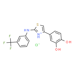 ChemSpider 2D Image | 4-(3,4-Dihydroxyphenyl)-2-{[3-(trifluoromethyl)phenyl]amino}-1,3-thiazol-3-ium chloride | C16H12ClF3N2O2S
