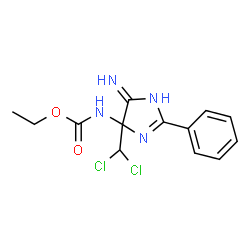 ChemSpider 2D Image | Ethyl [5-amino-4-(dichloromethyl)-2-phenyl-4H-imidazol-4-yl]carbamate | C13H14Cl2N4O2
